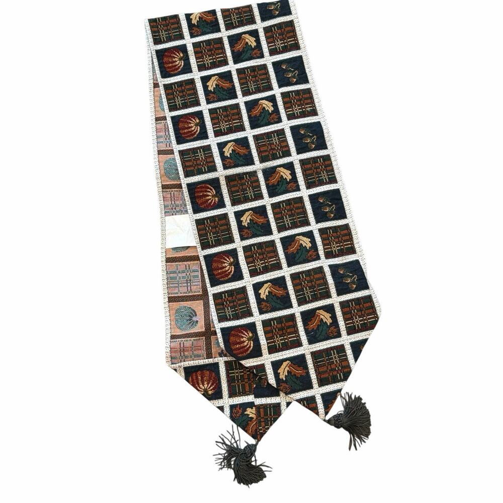 Fall woven table runner pumpkins leaves